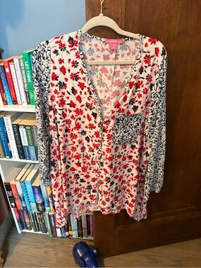 Woman Within Red & Navy Floral Button-Front Blouse